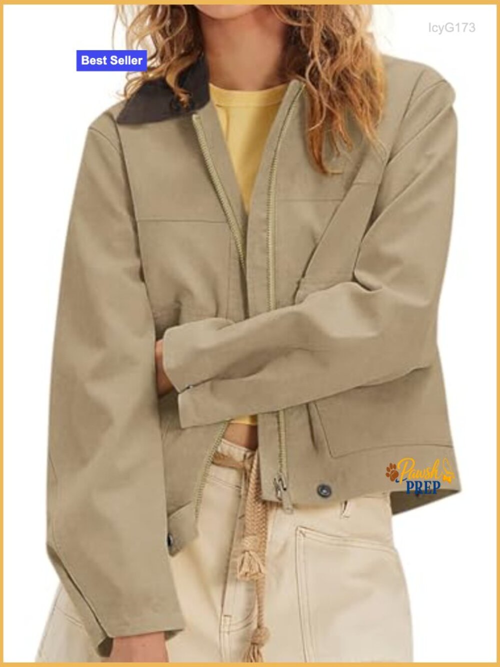 Faux Suede Cropped Zip Up Jacket with Contrast Collar and Pockets - Picture 2 of 7
